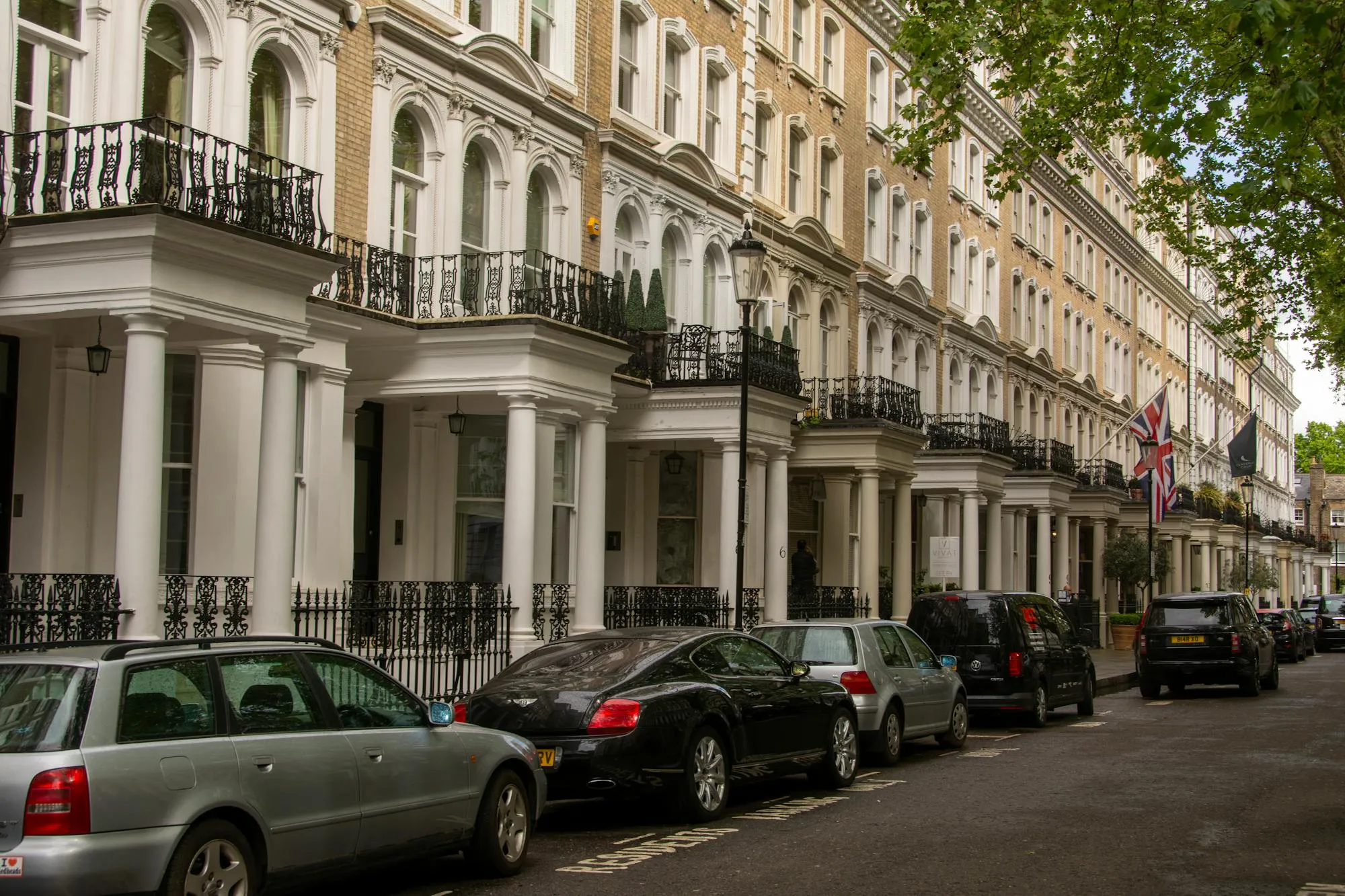 Georgian terrace street in central London with iron railings and pillared porches